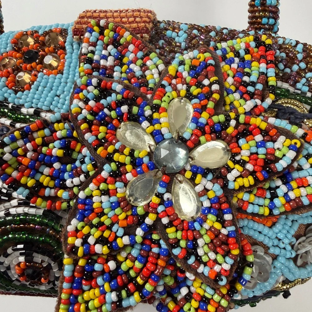 Beaded Floral Top Handle Bag Small Boho Eclectic Multicolor Purse‎
